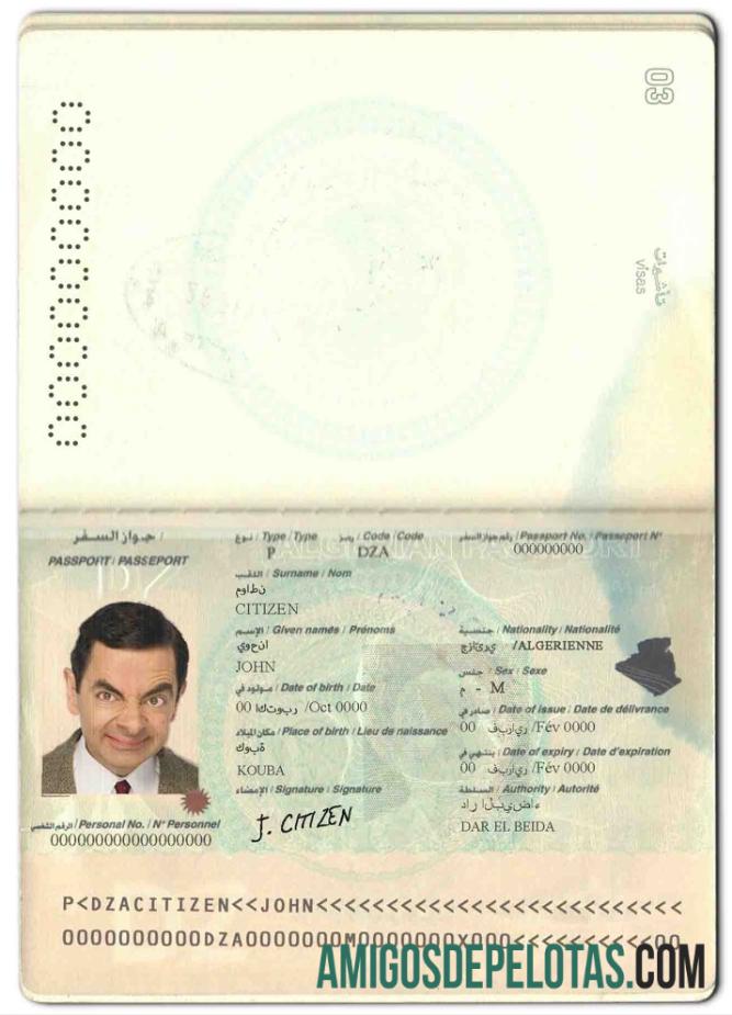 Passaporte da Argélia exemplo real